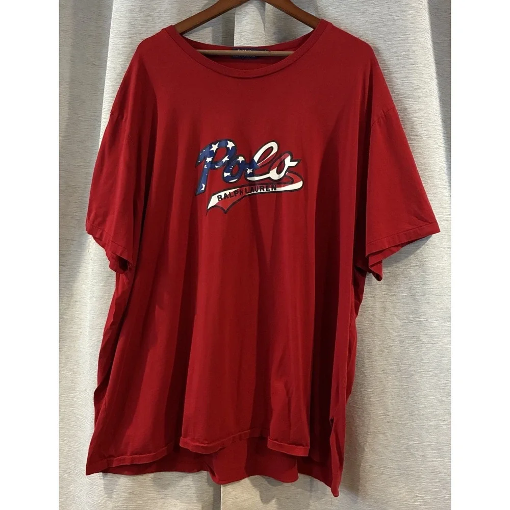 Ralph Lauren Polo Script USA Flag‎ Americana T-Shirt Red Sz 3XB Read Description